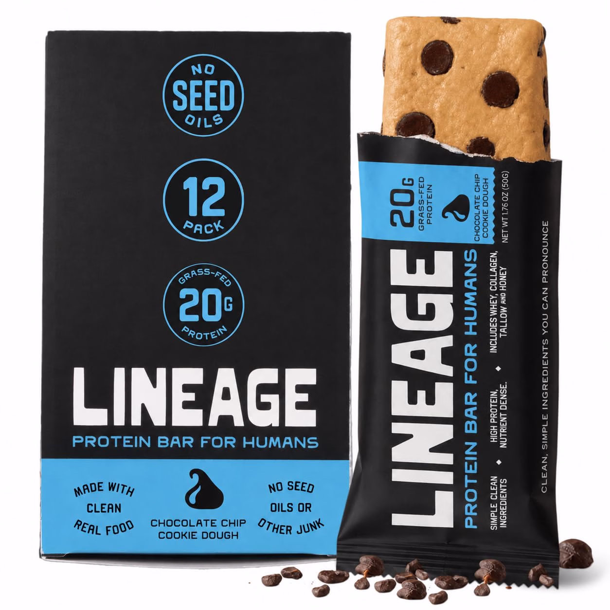 LINEAGE Protein Bar for Humans, Cookie Dough, 20g Protein, 12 Pack