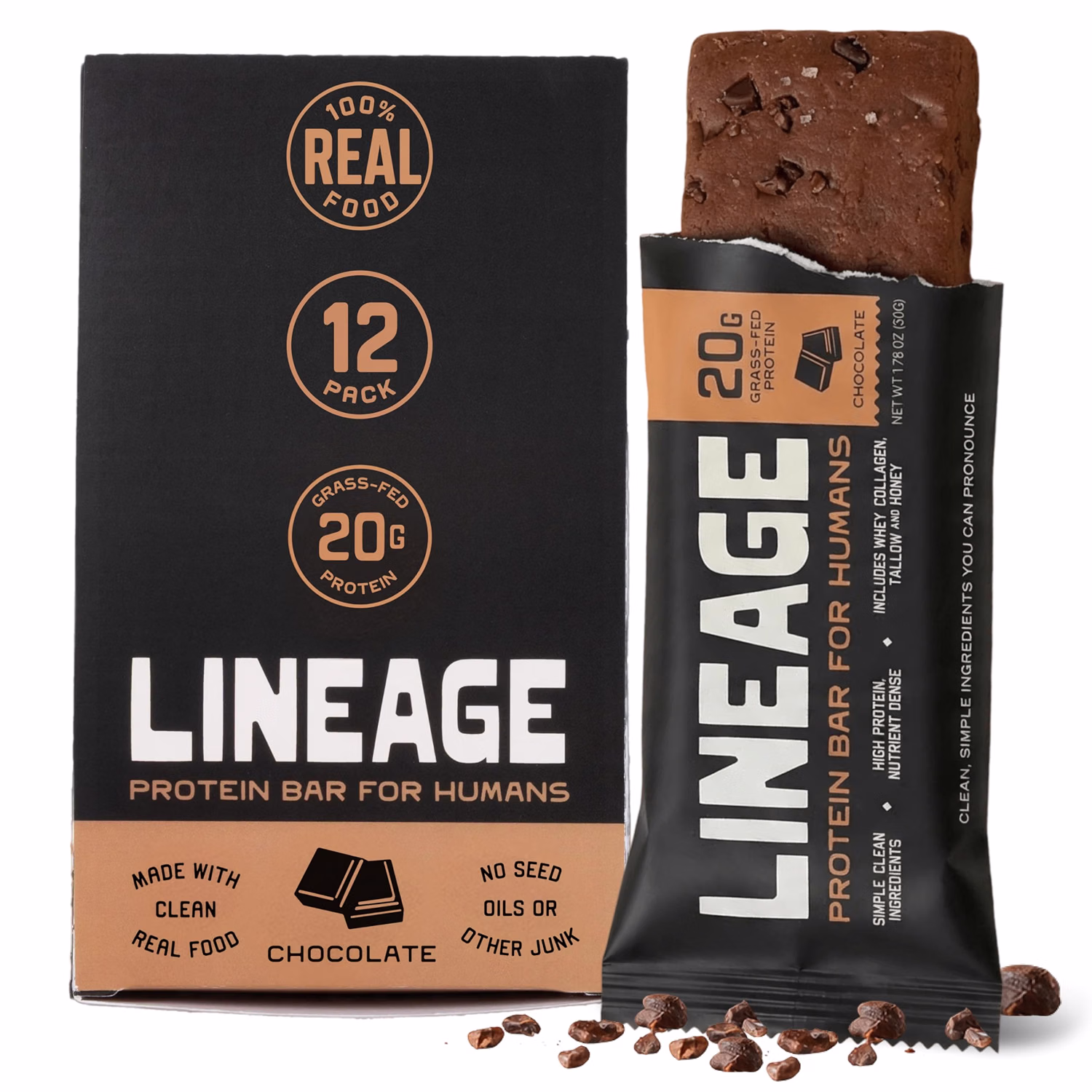 LINEAGE Protein Bar for Humans, Chocolate, 20g Protein, 12 Pack