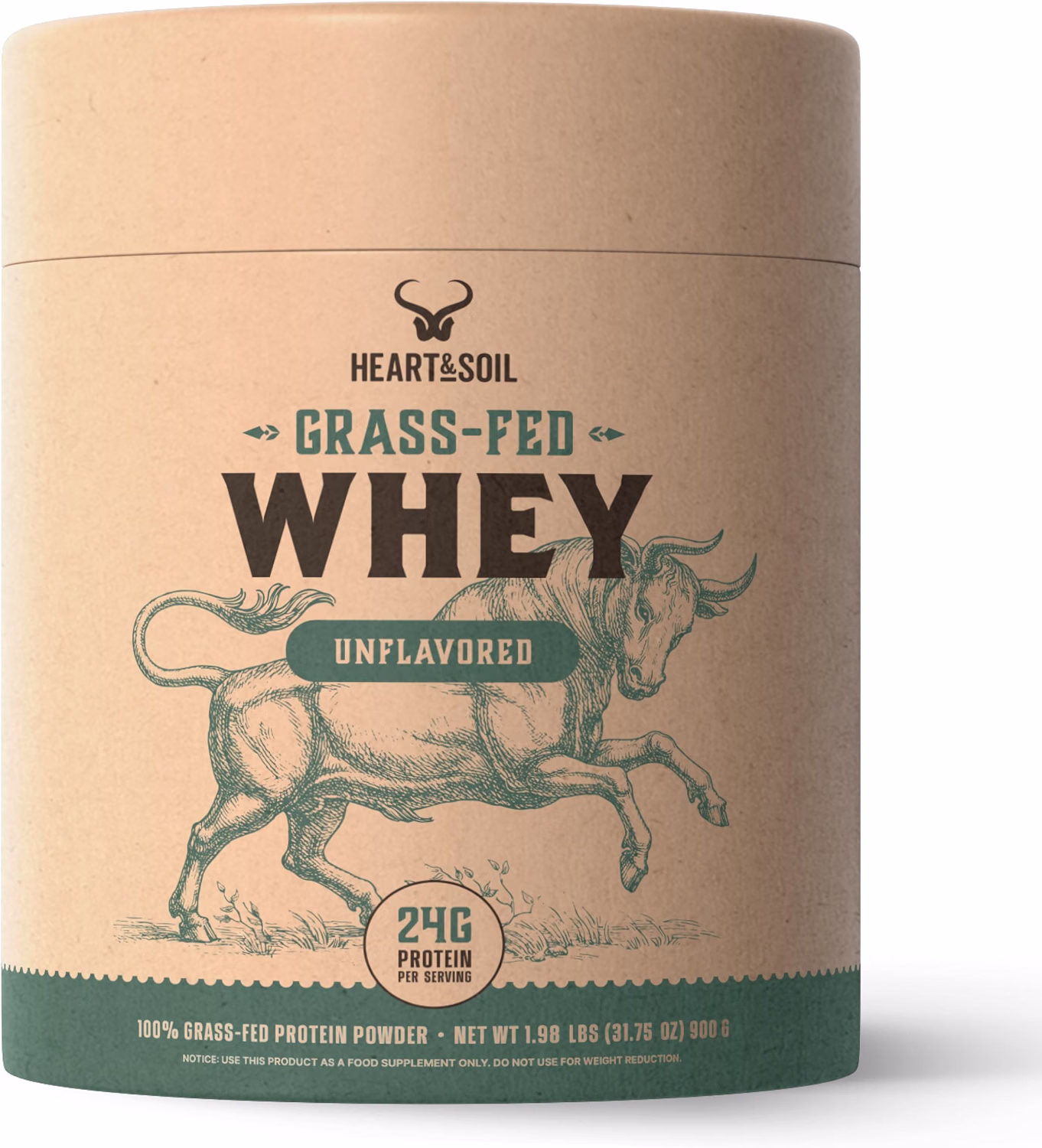 HEART & SOIL – Grass Fed Whey Protein Powder, Unflavored, 2 lbs