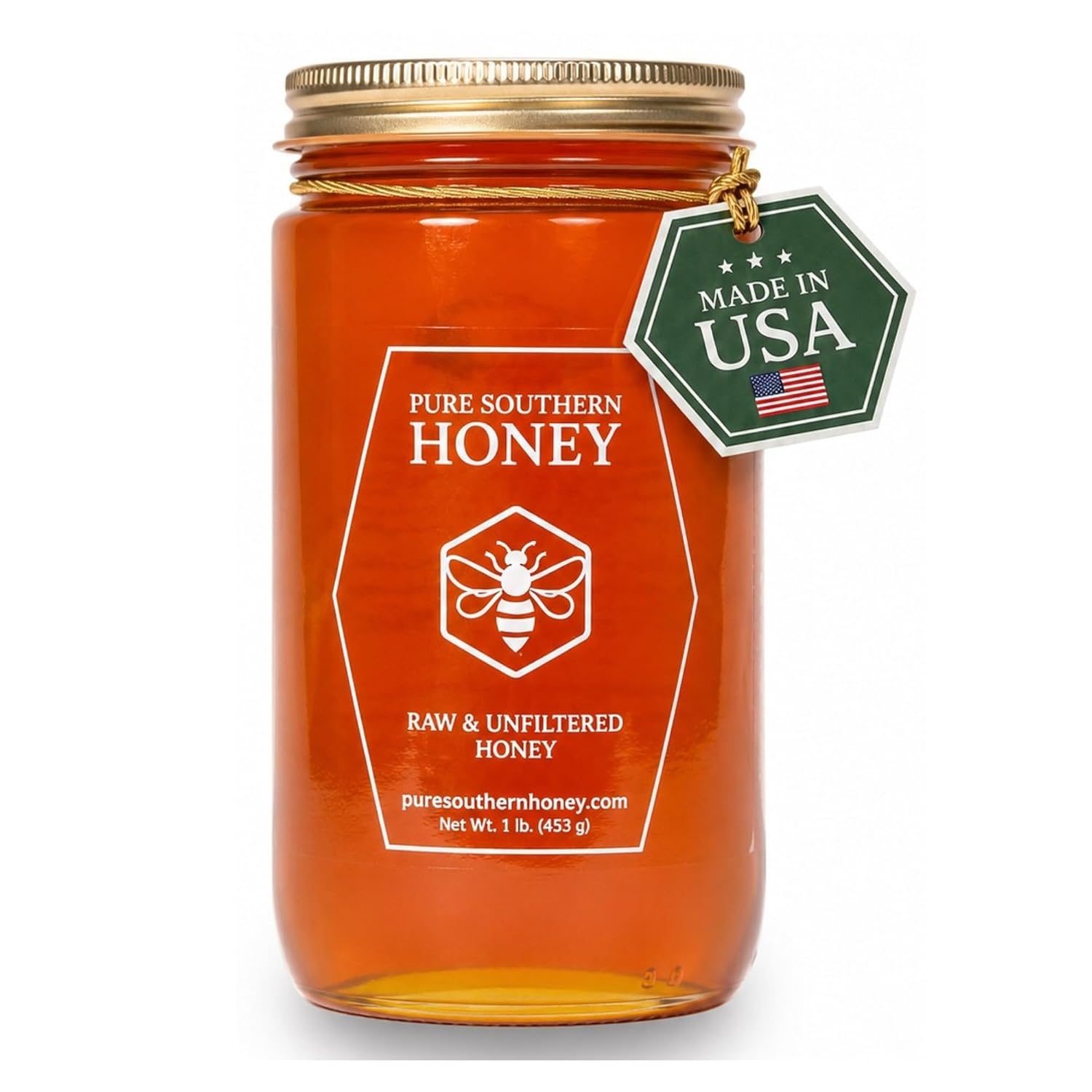 Pure Southern raw and unfiltered honey in a 1 lb glass jar