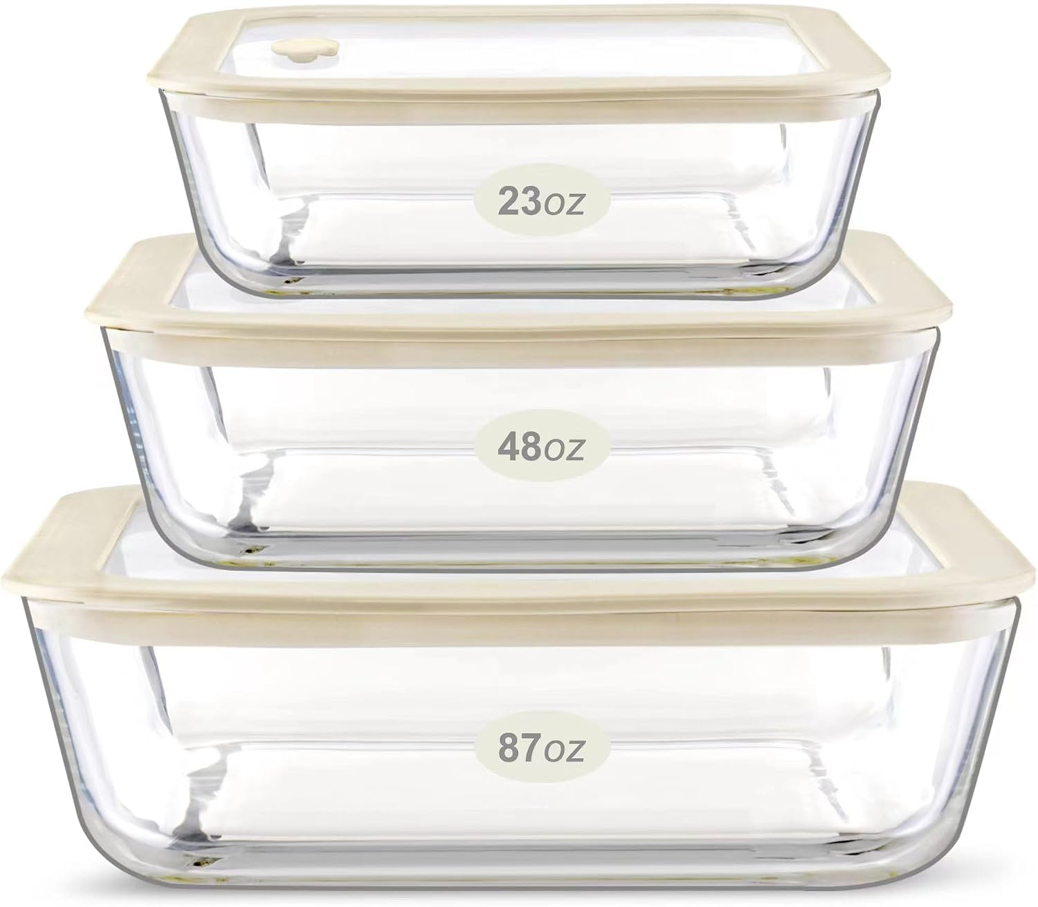 Three Urban Green glass food containers with silicone-framed glass lids in 23, 48 and 87 oz sizes